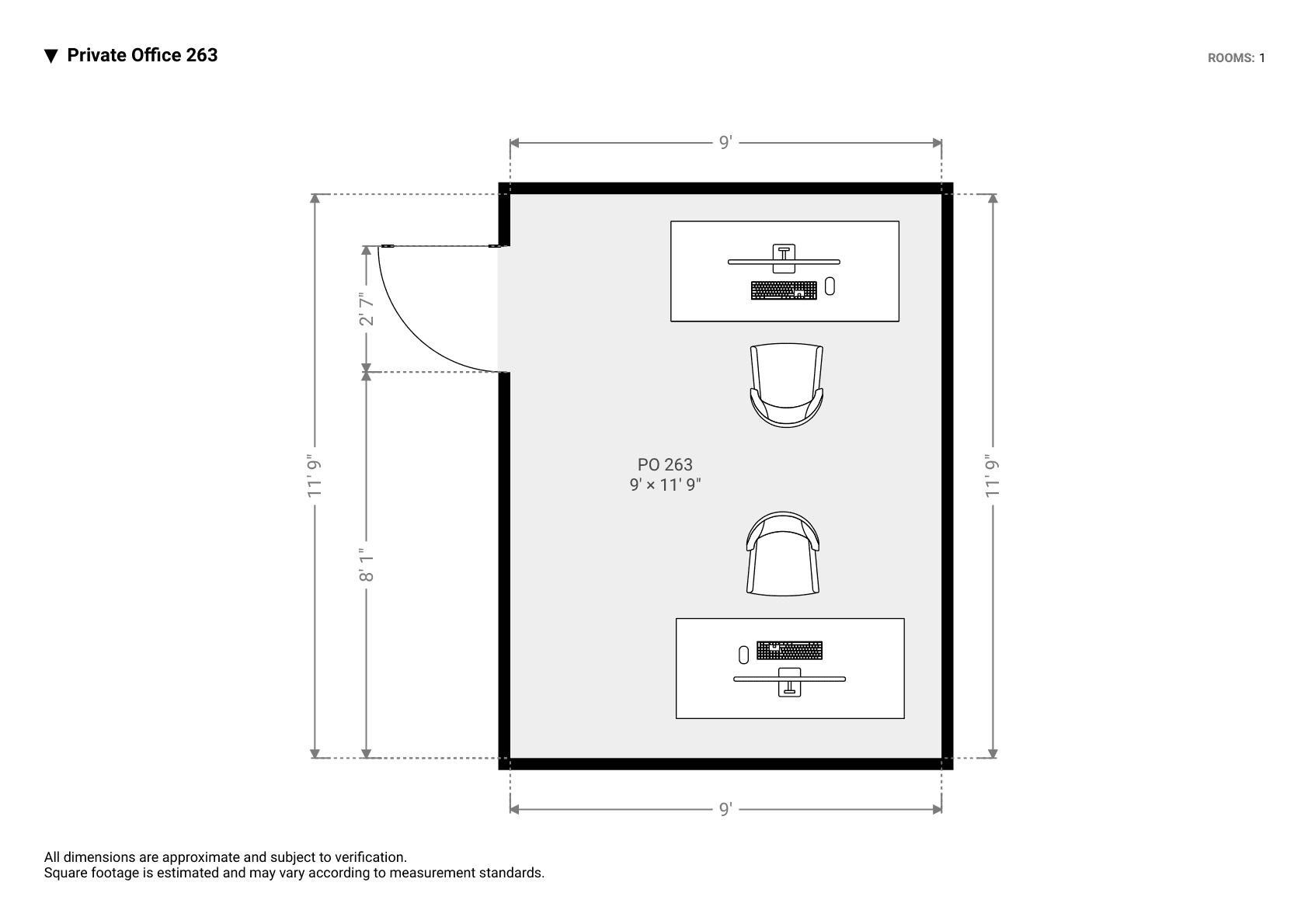 Floorplan of Private Office 263: a 9 by 12 foot room with two desks facing each other along the right side and a door in the top-left corner